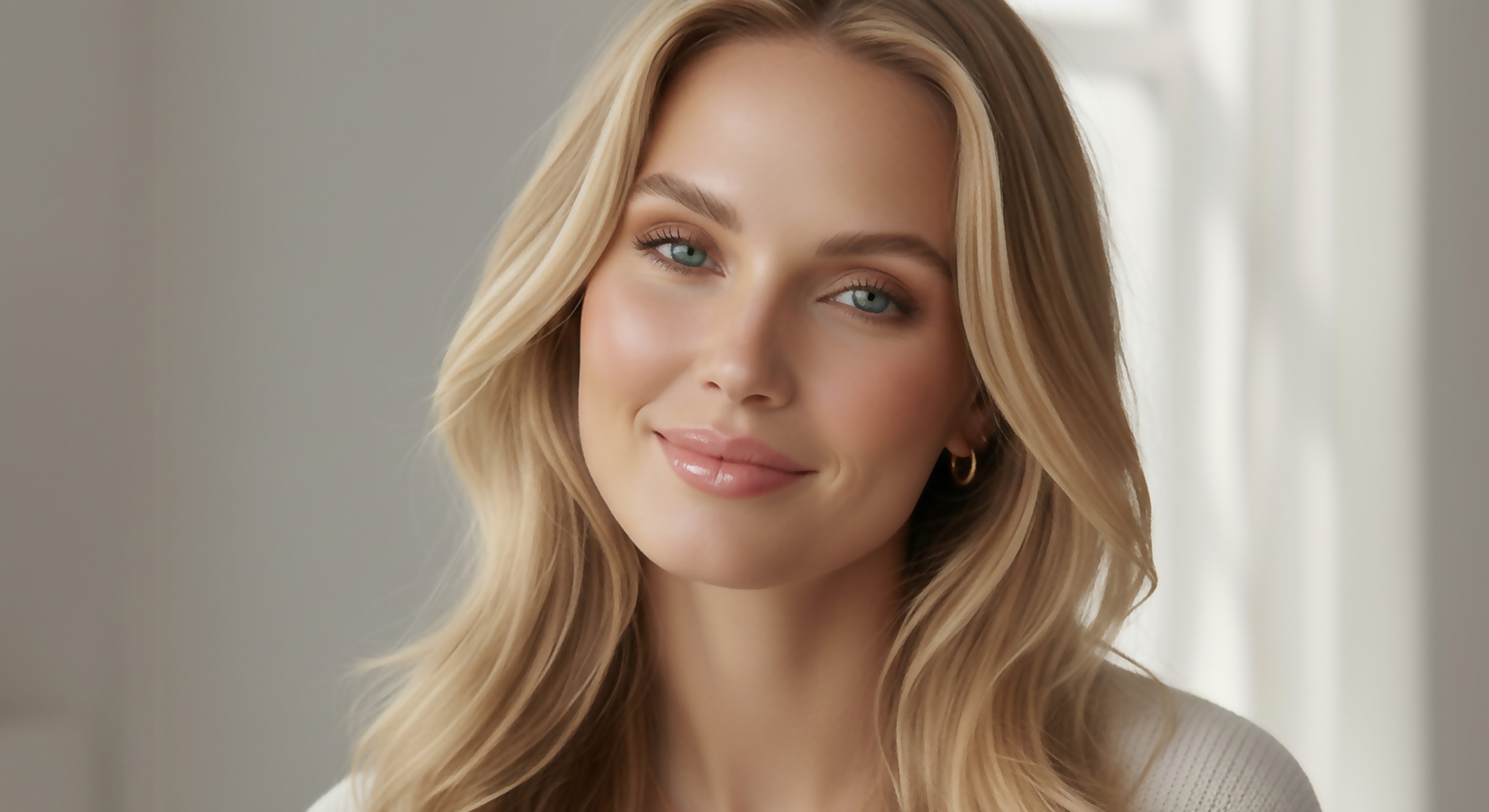 Smiling woman with long, blonde hair indoors.