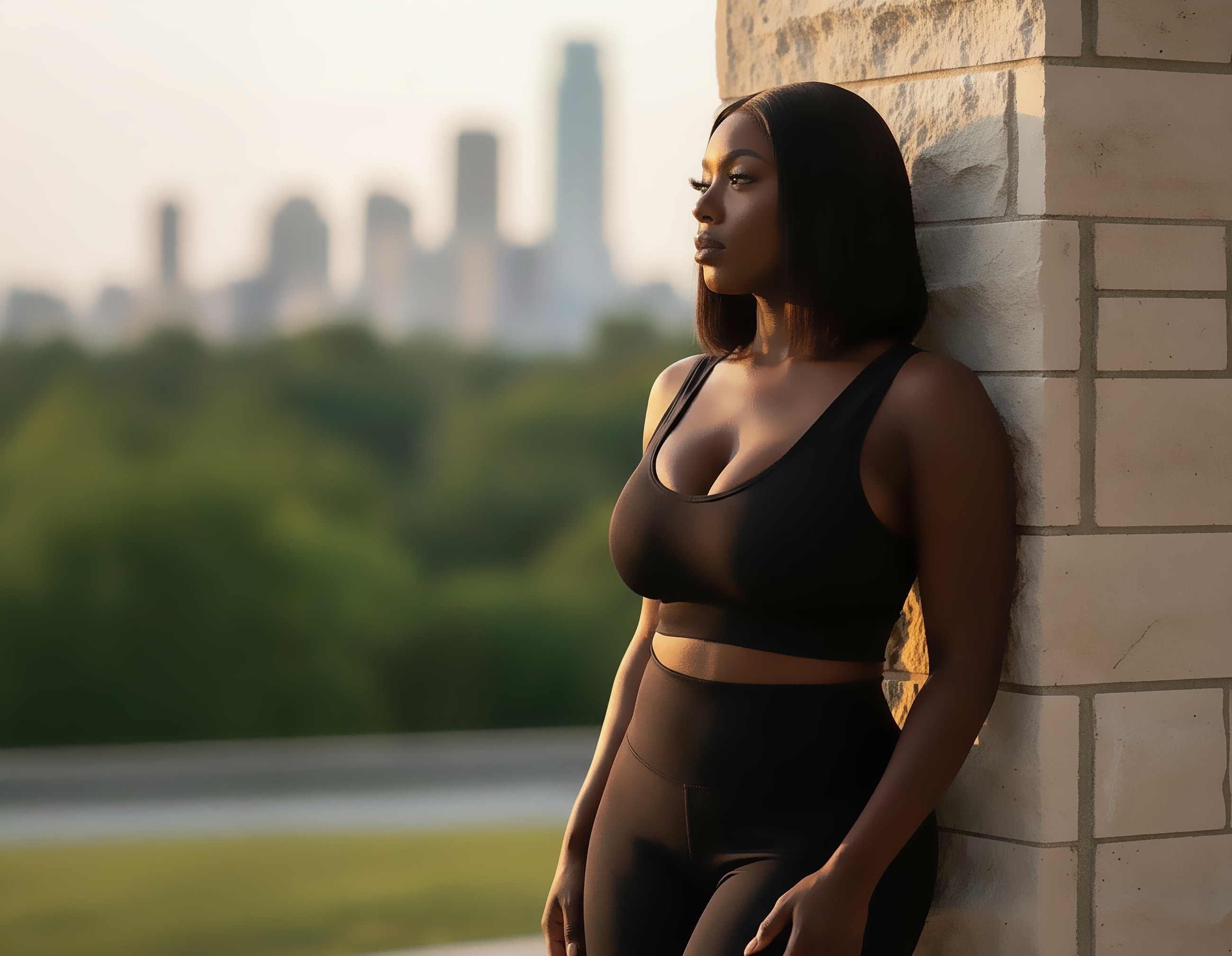 Woman in black top against urban backdrop.