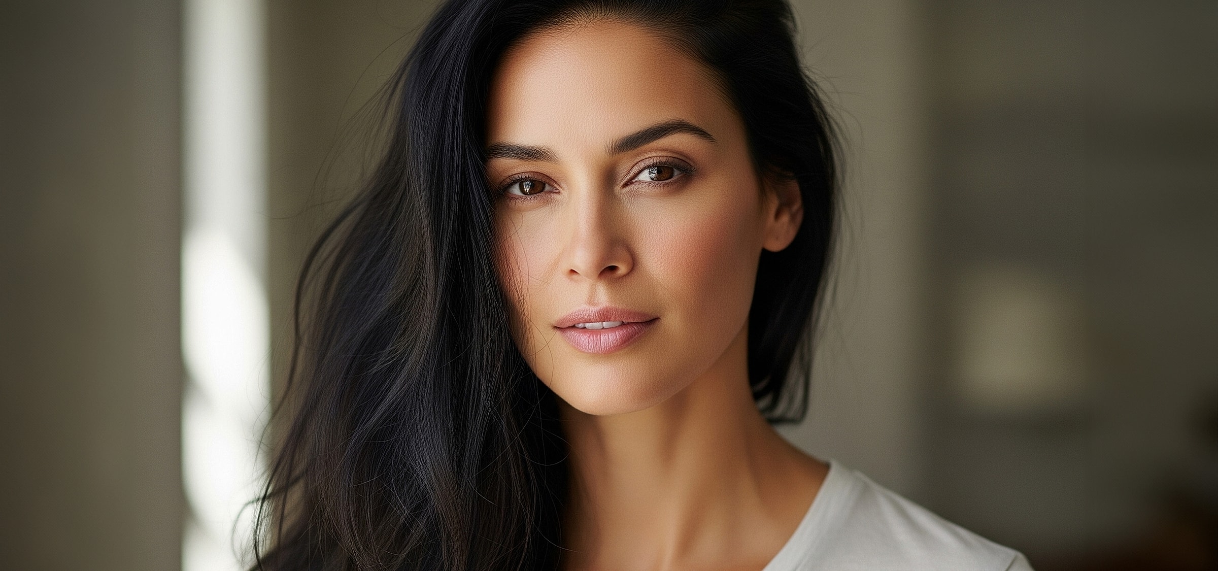 Portrait of a woman with long dark hair.
