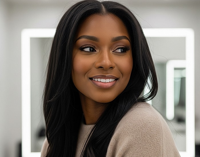 Smiling woman with long hair in modern setting.